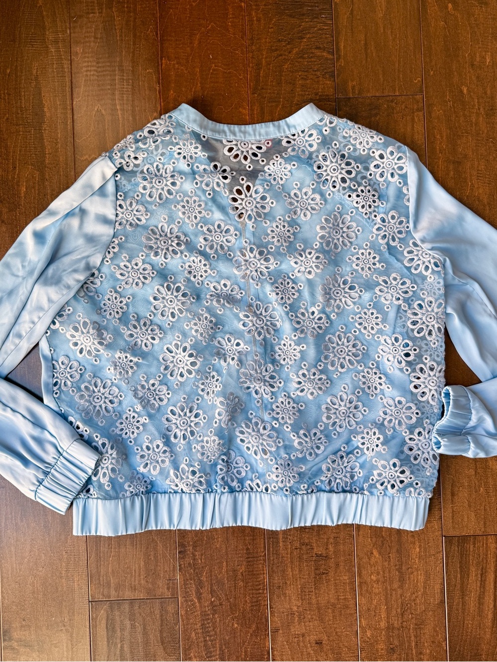 Delicate Light Blue Floral Eyelet Bomber Jacket